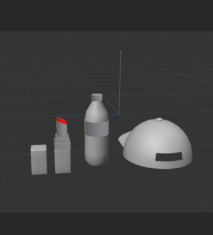 This is a screenshot of a hat model, a bottle of water model and a lipstick model